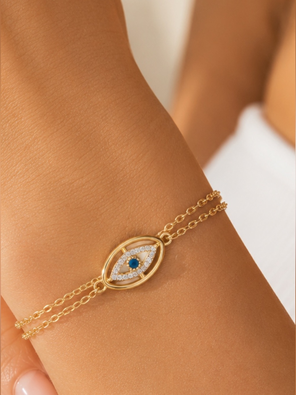 Evil Eye Bracelet 18K Gold Plated Stainless Steel CZ Adjustable